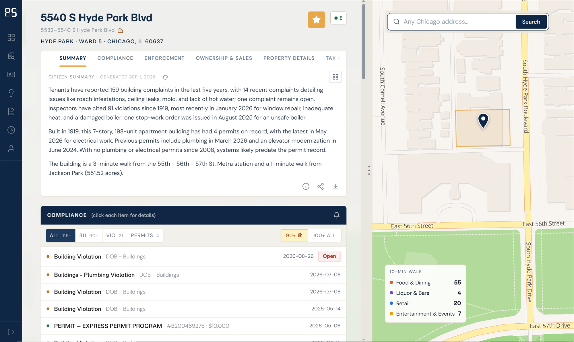Property Sentinel property page for 5540 S Hyde Park Blvd — citizen summary, compliance feed, and locator map